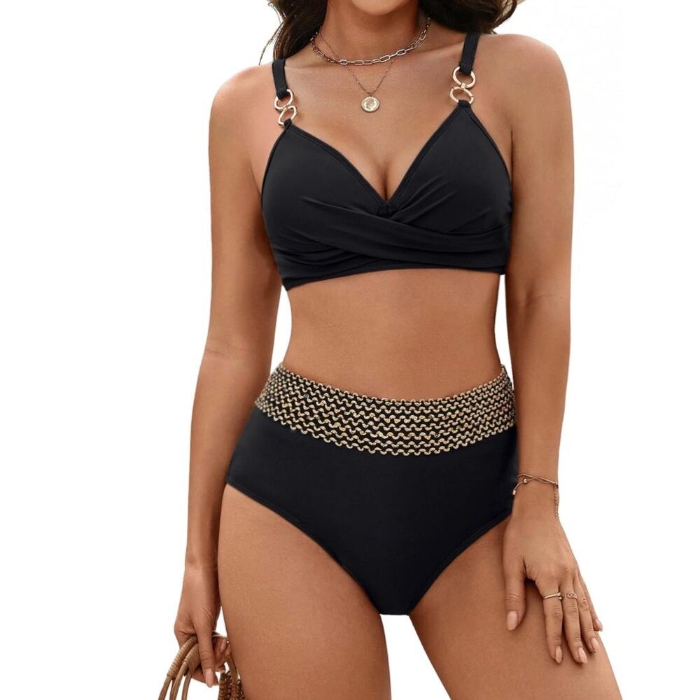 BMJL Women Black High Waisted Bikini Set Tummy Control Gold Trim Size M NWT